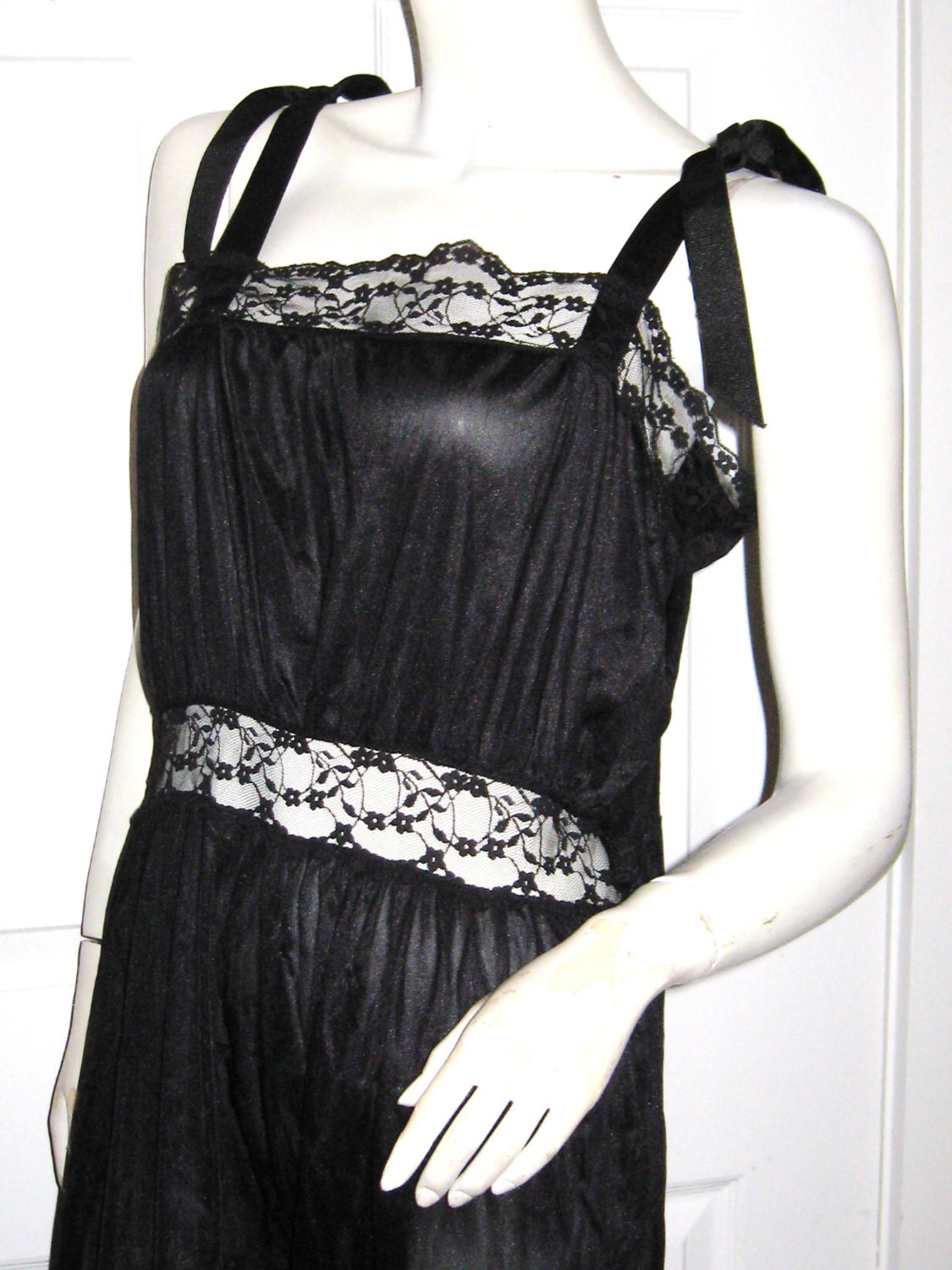 Vintage 1970s GOTHIC Black Nylon PANTALOON BLOOMER Romper Slip..Satin Ties..Sheer Lace..Edwardian Revival Pin Up Burlesque Steampunk
