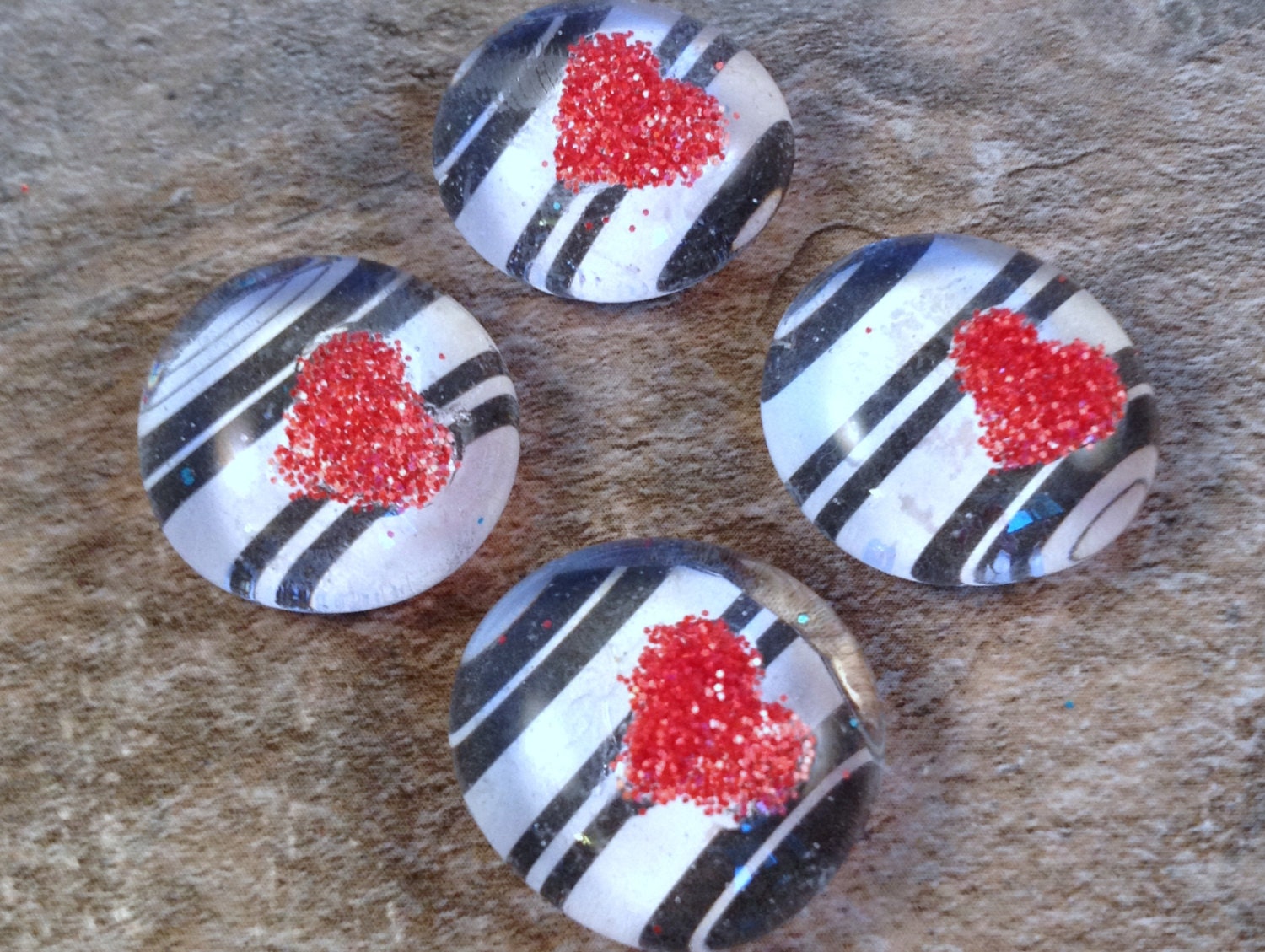 Set of 4 Black and White Striped, Glitter Red Heart Valentine's Day Magnets