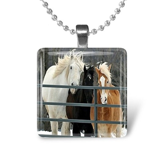Horses peeking through fence Glass Pendant