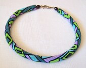 Beaded crochet rope necklace with geometric pattern - Beaded necklace - Handmade jewellery - Beadwork - emerald, blue, green, lilac, black
