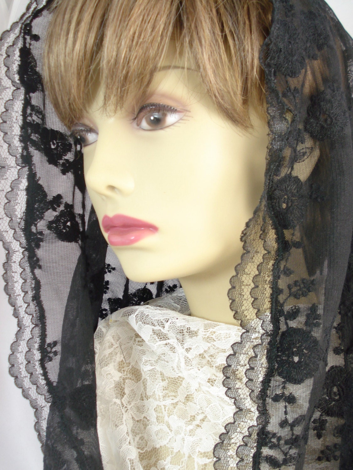 Long Black Chapel Veil/ Black Lace Mantilla/ Long Black Triangle Veil