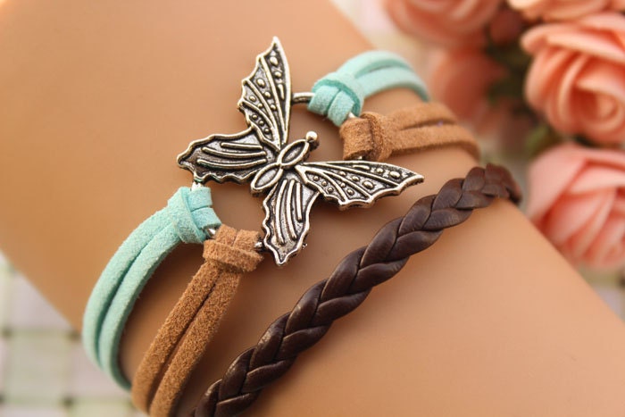 butterfly bracelet,retro silver butterfly pendant,brown braid leather colorful bracelet---B205