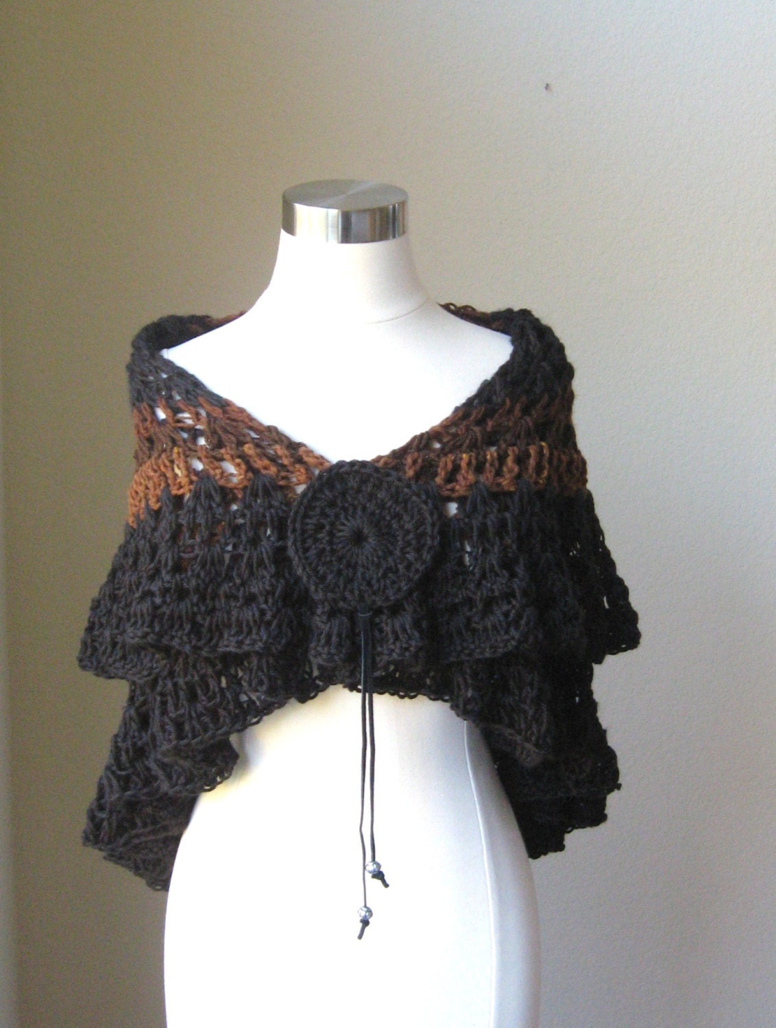BLACK SHAWL Brown CROCHET Wrap Capelet  Fashion Handmade Poncho Knit Elegant Trendy Feminine Gift for Her