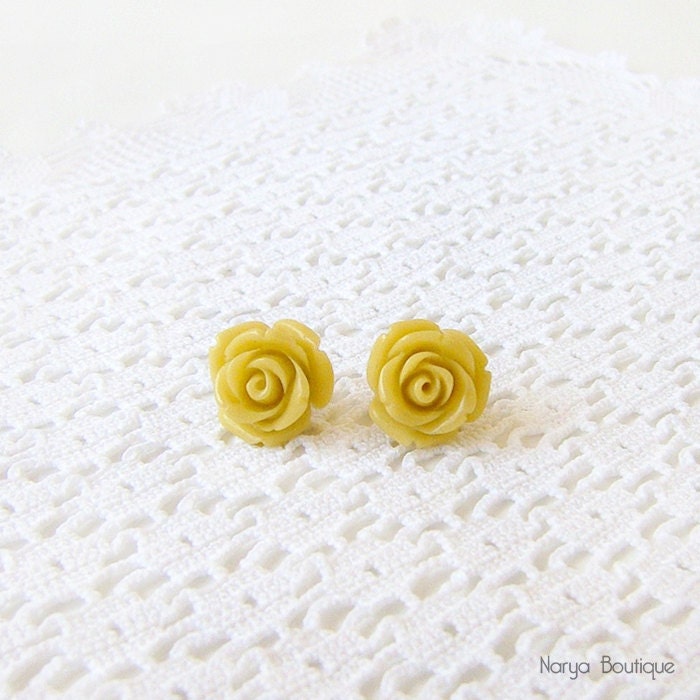 Mustard Rose Cabochon Stud Earrings - White Gold Plated Surgical Steel Ear Posts - 15 mm Rose