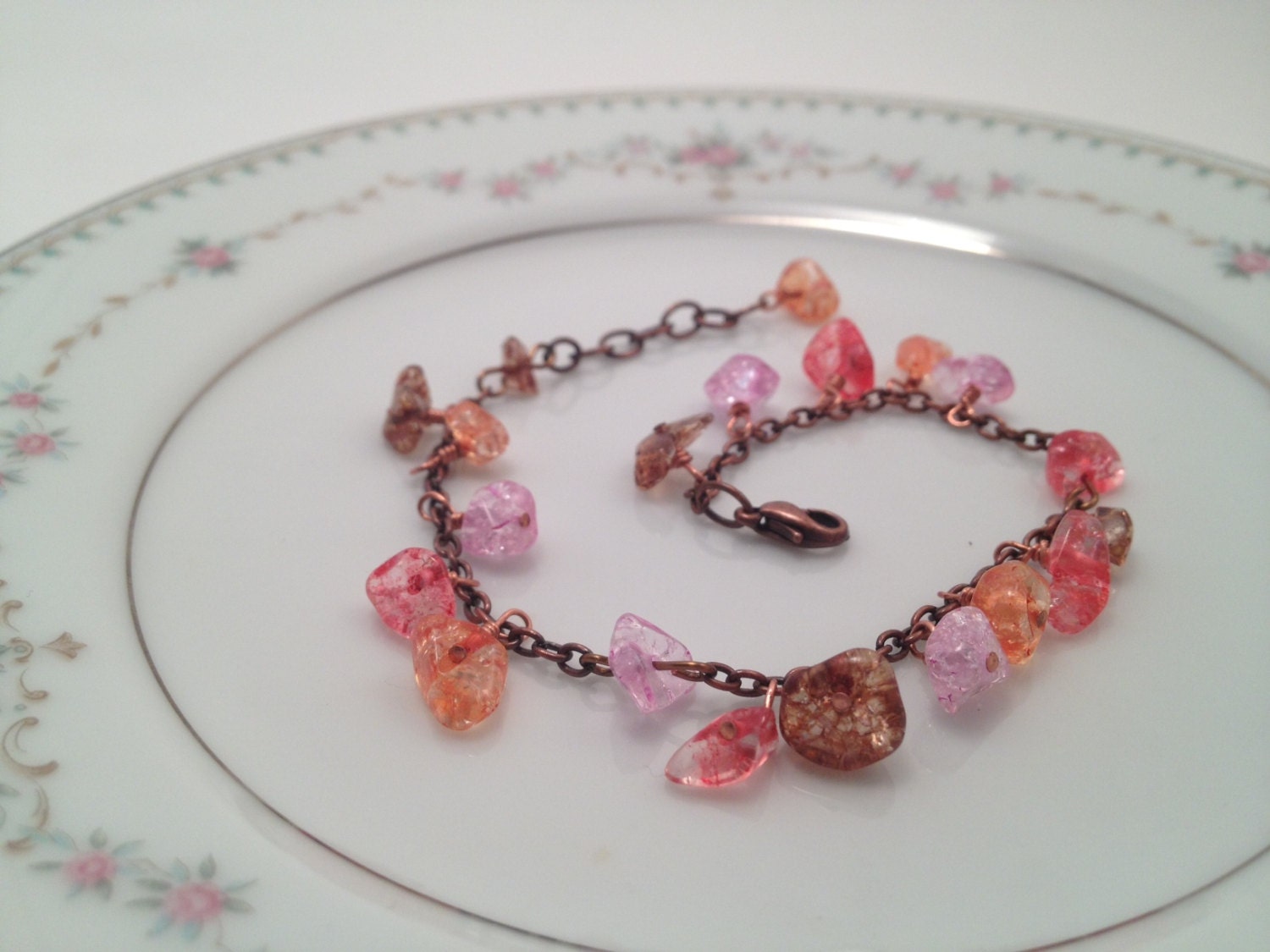 Multi-Color Quartzite Bracelet, gemstone bracelet, Boho Bracelet, Bronze chain, Pink Orange Brown Red Stone, Lobster Clasp Adjustable