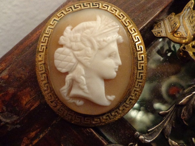 SALE Antique Carved Cameo  with Greek Key Frame Brooch
