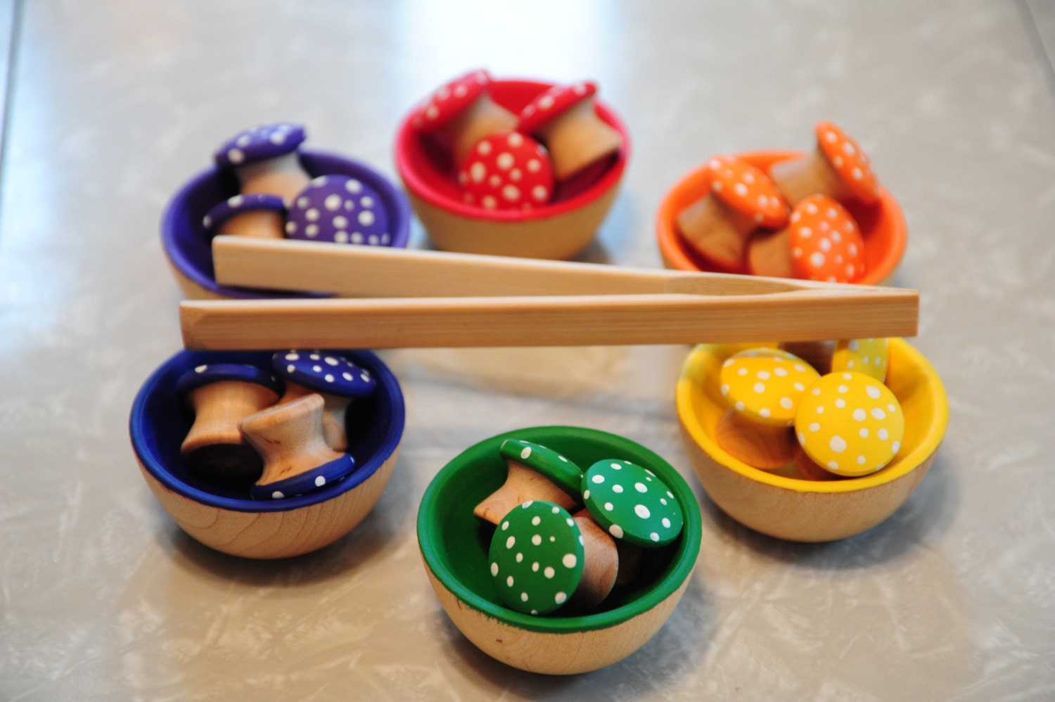 Rainbow Mushrooms & Tong set- A Waldorf and Montessori Inspired Wooden Counting, Sorting, Educational Toy