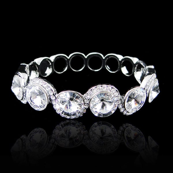 Wedding CZ Oval Bracelet, Bangle w/ Swarovski Crystal, Silver Bridal Jewelry, Vintage Style Clear Rhinestone Zircon Cuff-122318745