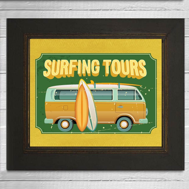Surfing Tour (Volkswagen Bus Camper) :  8x10" Typography Art Print (Retro / Vintage)