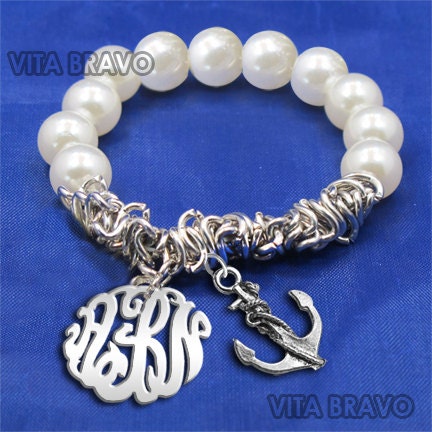 Monogram Bracelet Anchor Acrylic Silver Mirror Hand Made  Initials Personalized K Love Jewelry  Acrylic     Bracelet   Earrings  Keychains