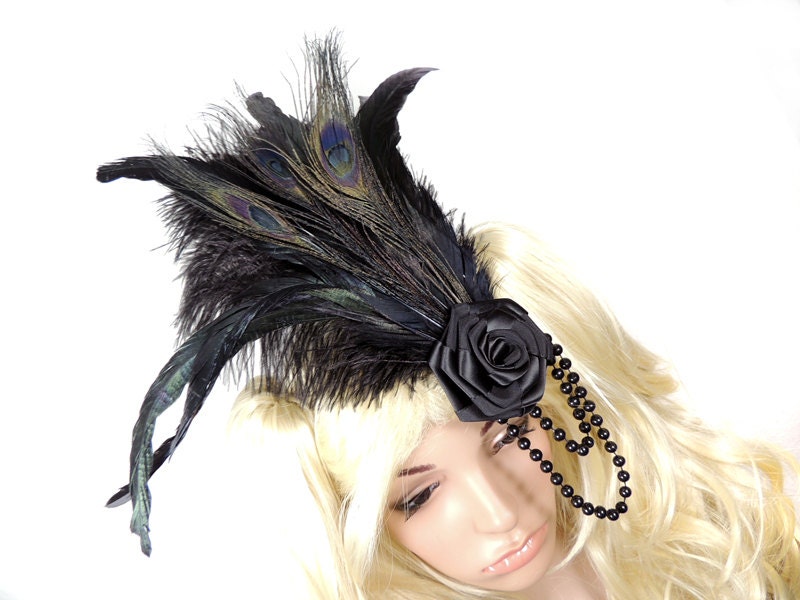 Goth victorian feather fascinator with pearls Baroque Burlesque