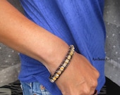 Unisex Leather Beaded Bracelet With Blue and Deep Yellow African Trade Beads Silver Colored Wire Wrap Pewter Button Closure
