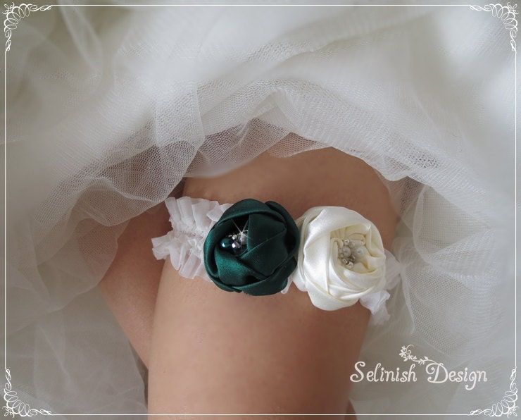 Jade Green Bride Lace Garter, Deep Green Garter- Green and ivory Wedding