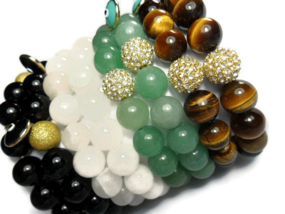 Green Stretch Bead Bracelet with Evil Eye Charm Pave Rhinestone and Aventurine Semi Precious Gemstone Beads Evil Eye Charm Bracelet