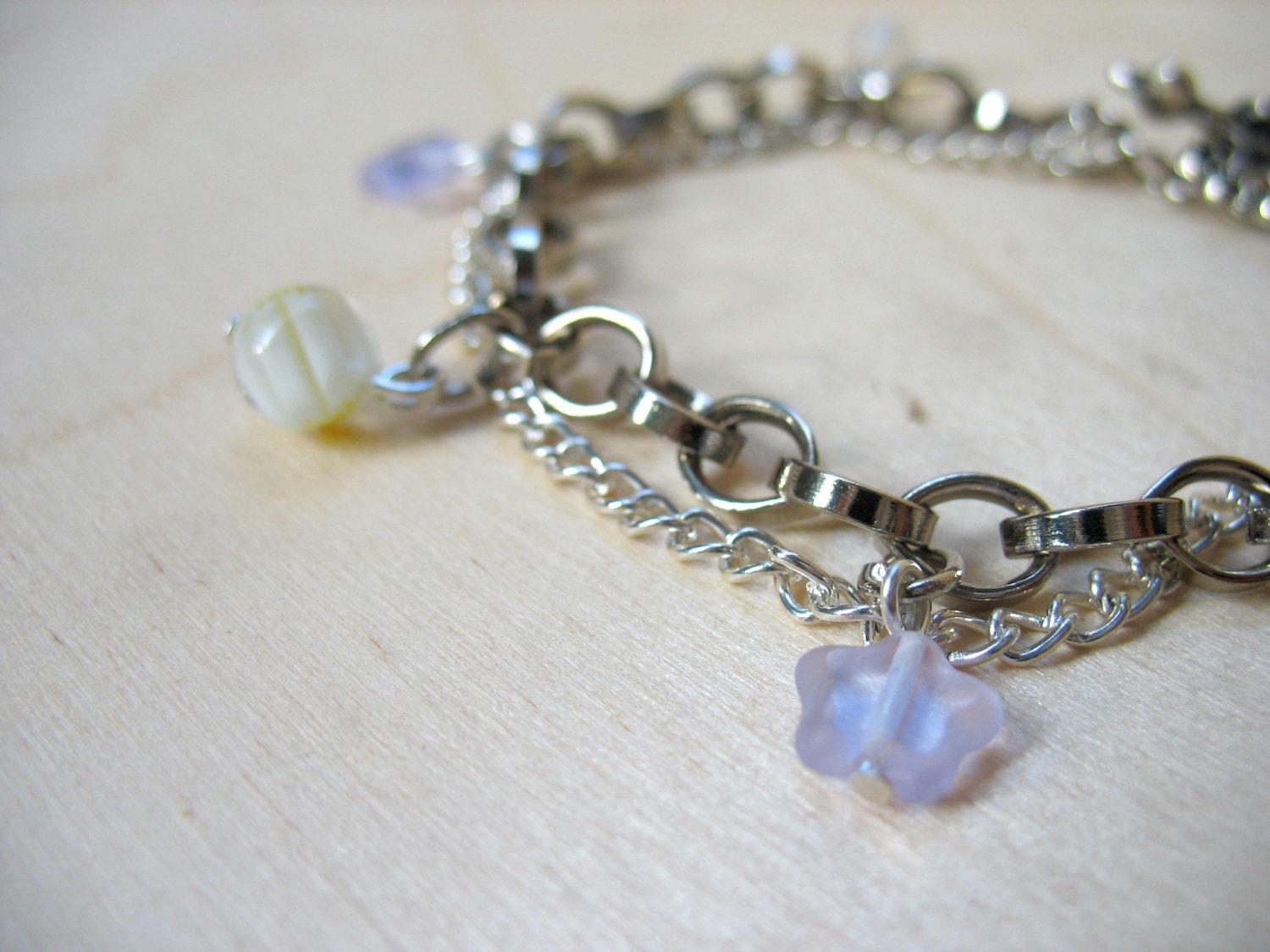 White Charm Bracelet, Silver Chain Bracelet, Strand Chain Jewelry, Girly Trendy Fashion,Summer Spring Colors, Under 20 30 40 50