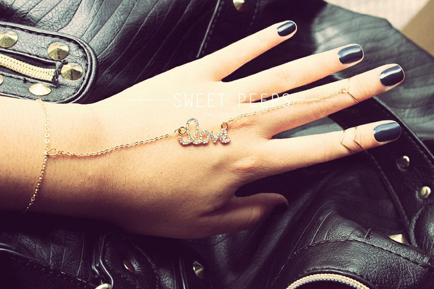 Cursive Rhinestone LOVE Chevron Knuckle Ring Hand Harness/Slave Bracelet