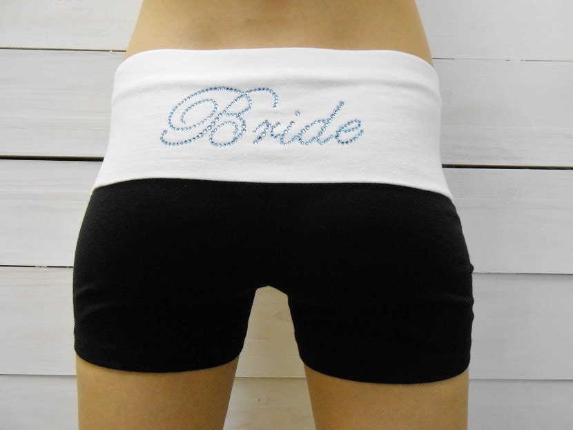 Custom Bride Yoga Shorts. Fitted Shorts for Bride. Wedding Clothing. Honeymoon Bridal Shorts. Just Married Shorts. Something Blue.