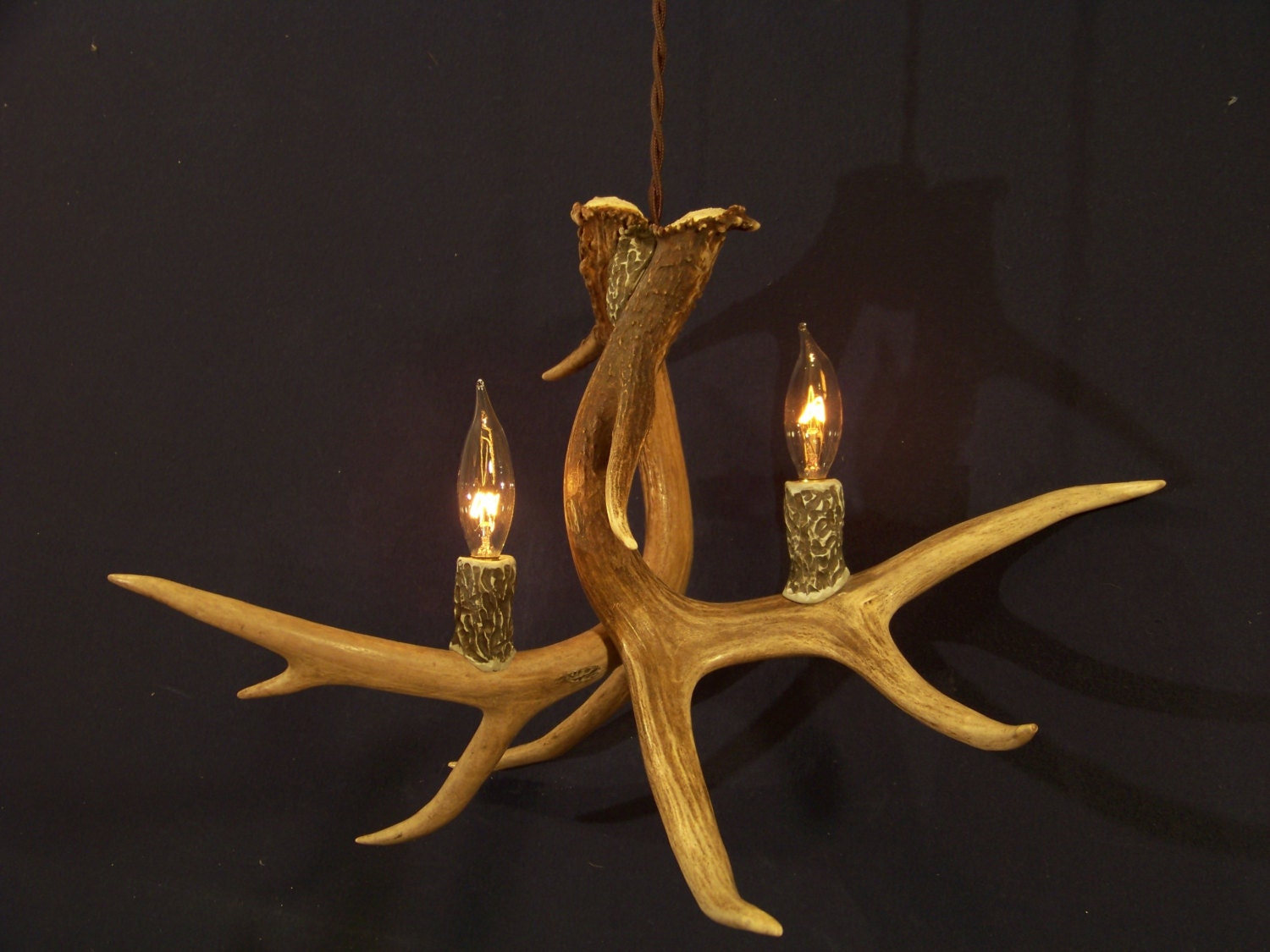 Legend Antler Designs "2A Two Antler Pendant with Twisted Antique Wire Shed Whitetail Deer Antler chandelier