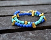 Color Block Magnesite Wrap Bracelet with Lobster Clasp - Turquoise and Royal Blue Stone and Geometric Gold Beads