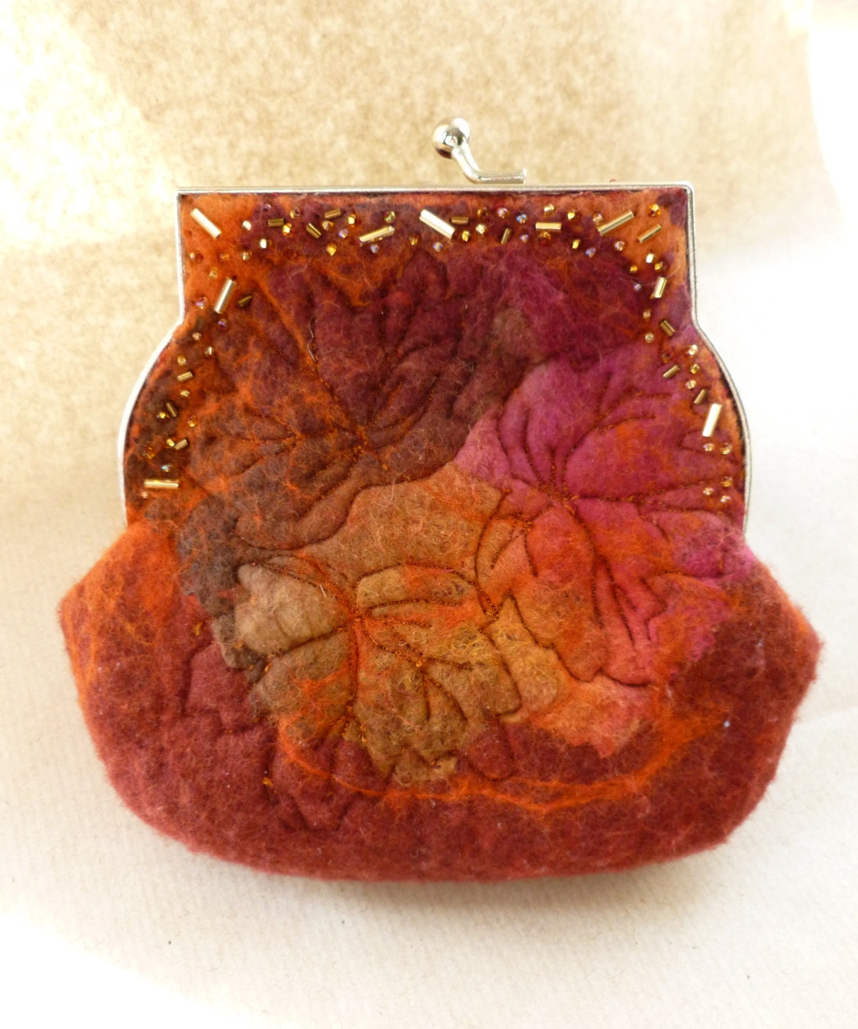 Handmade Felt Merino Purse / Small Bag with silk and embroidery embelishment