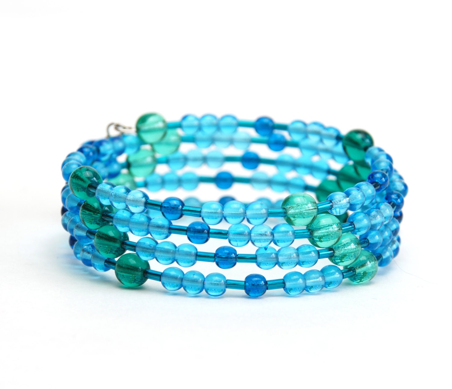 Aquamarine Mint and Emerald Glass Bracelet - Blue and Green Memory Wire Bracelet - Handmade Jewelry