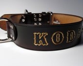 18" x  2" wide Dark Brown with GOLD Letters-Leather Dog Collar Brass ID Tag & Pet Name
