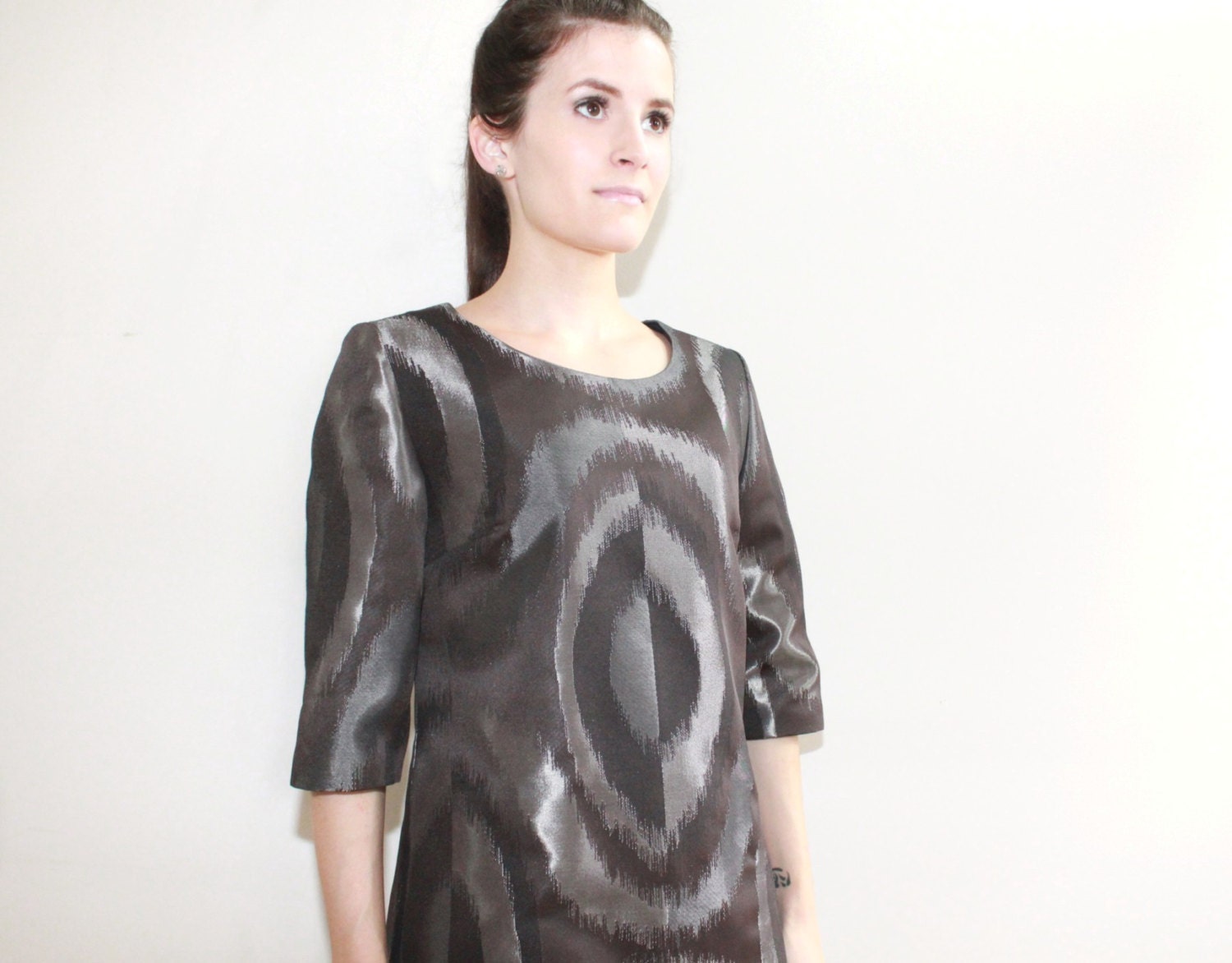 PETITES - M. or L. Metallic Swirl Jacquard Shift Dress with 3/4 Sleeve