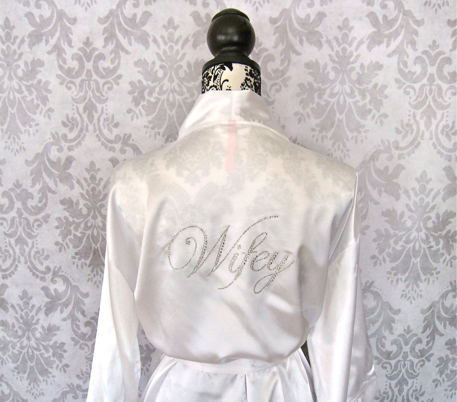 Bride Robe Honeymoon White Satin Lace with Pockets. Wifey