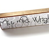 One Wood Block - Wedding Decor -Mr. and Mrs. Personalized Stained Wood Decorative Home Decor Block with White and Silver Embellishment