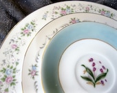 Mismatched china garden wedding centerpiece, vintage mixed pattern dinnerware, shabby chic floral place setting, set 103