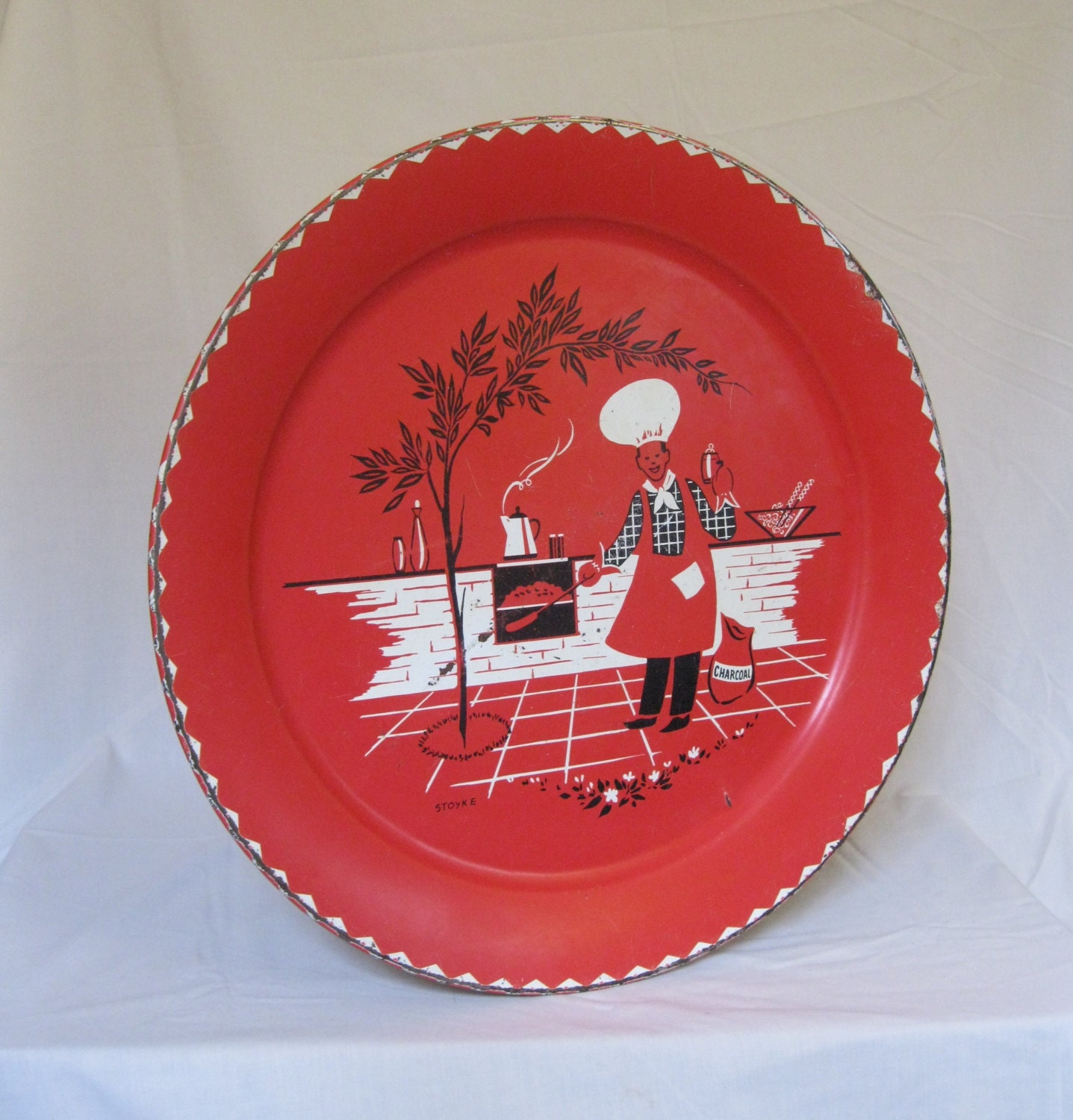 1950s Red Grilling Tray: Stoyke design, midcentury kitchen, collectible painted metal platter
