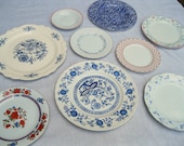 Mixed China Plate Wall Hanging Collage: 9 piece, red white and blue, vintage dish collection, set 4