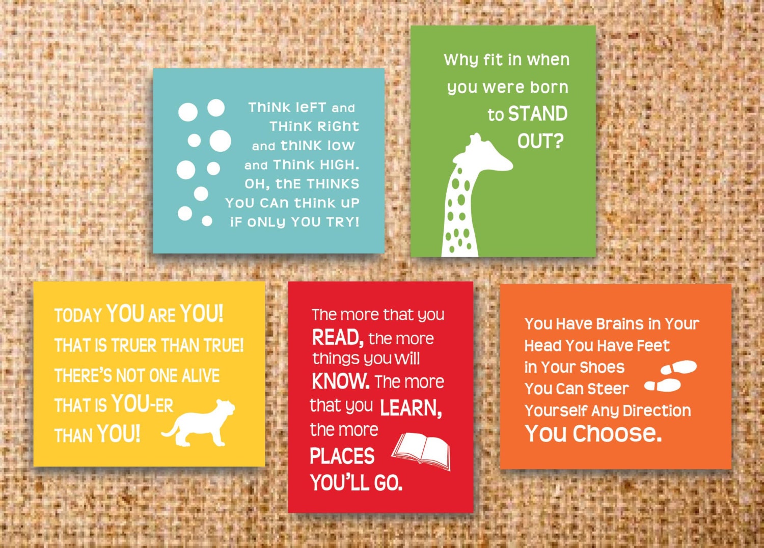 Dr Seuss Quotes 5 x 7 Prints Childrens Kids Wall Art Set of (5) Modern Nursery or Playroom Sky Blue Lime Yellow Orange Red Multi