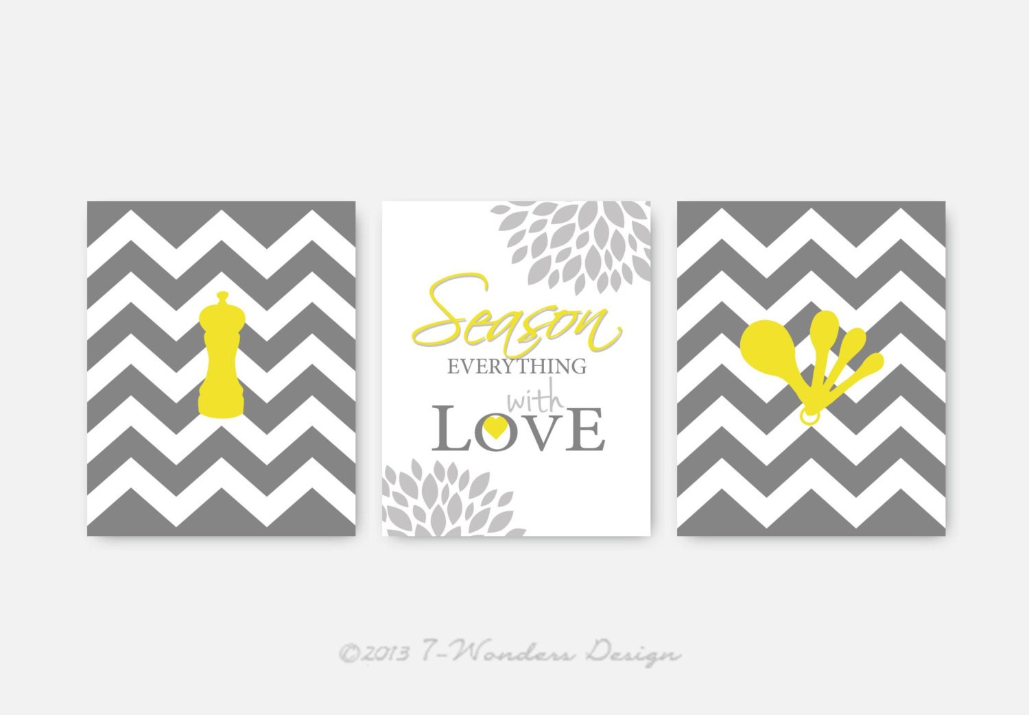 Kitchen Art Print Set - Inspirational Prints - (3) 8 x 10 Prints Chevrons Gray // Yellow // White Modern Kitchen Decor
