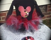 Custom made Boutique Pageant 3pc Minnie Mouse infant tutu set with matching bottlecap hairbow size 6m