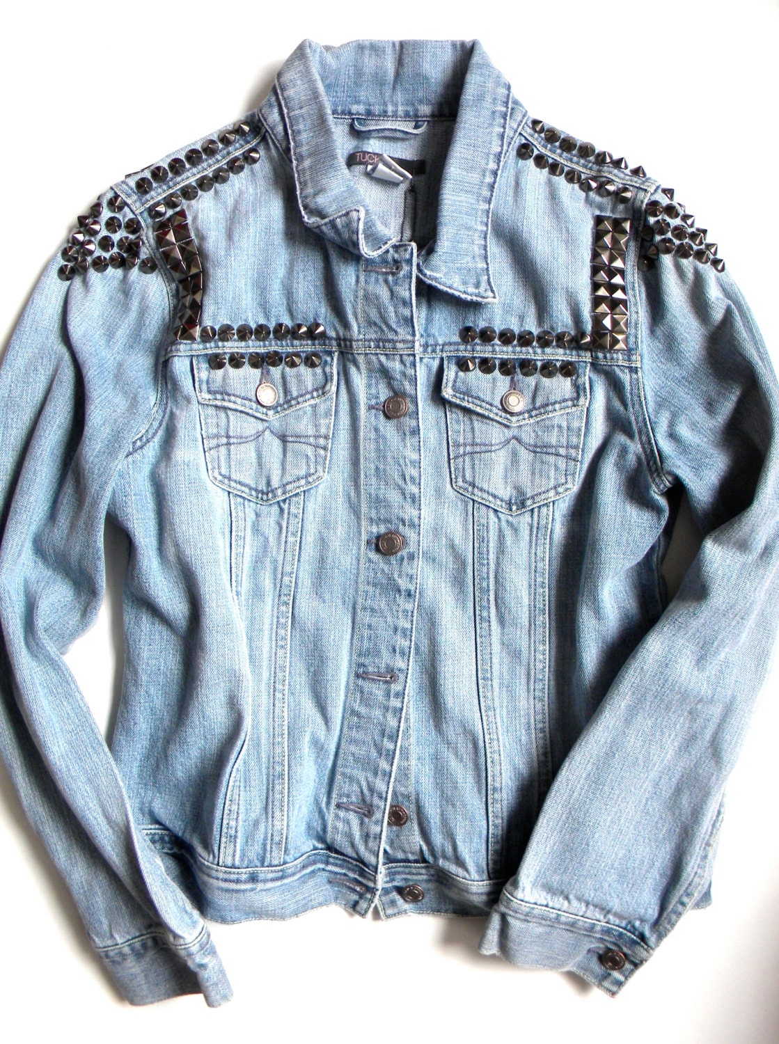 TUCK Gunmetal Studded Light Blue Denim Upcycled Jacket - Size L
