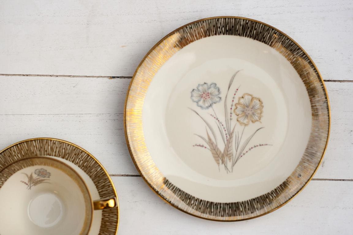 Vintage 1950s Tea Cup and Saucer Trio Set Botanical Flowers with Gold