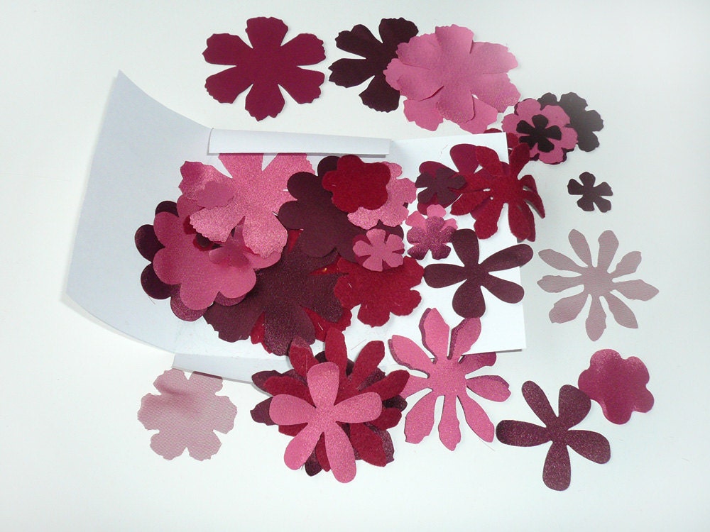 Fabric flower die cuts bordeaux, dark dusky red chiffon, satin, felt, 60 pieces, assorted, for crafting, scrapbook, card making, applique