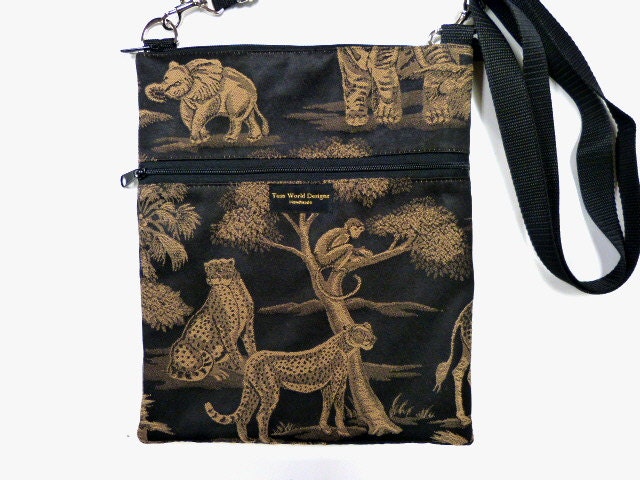 African fabric, African Safari, Cross Body bag, Black, Brown, cross body purse, ipad case, ipad sleeve ipad cover, ipad carrying bag