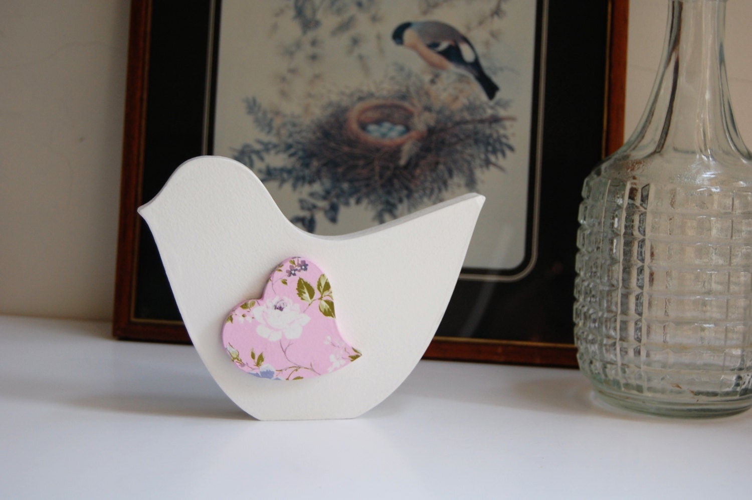White floral stand alone wooden bird