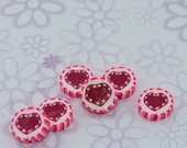 CLEARANCE SALE, Pink heart beads, round and flat polymer Clay beads with stripes and heart, set of 6