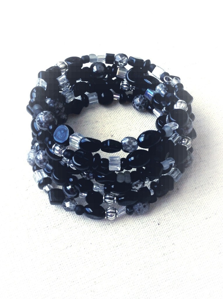 Bracelet - Beaded Jet and Crystal Glass
