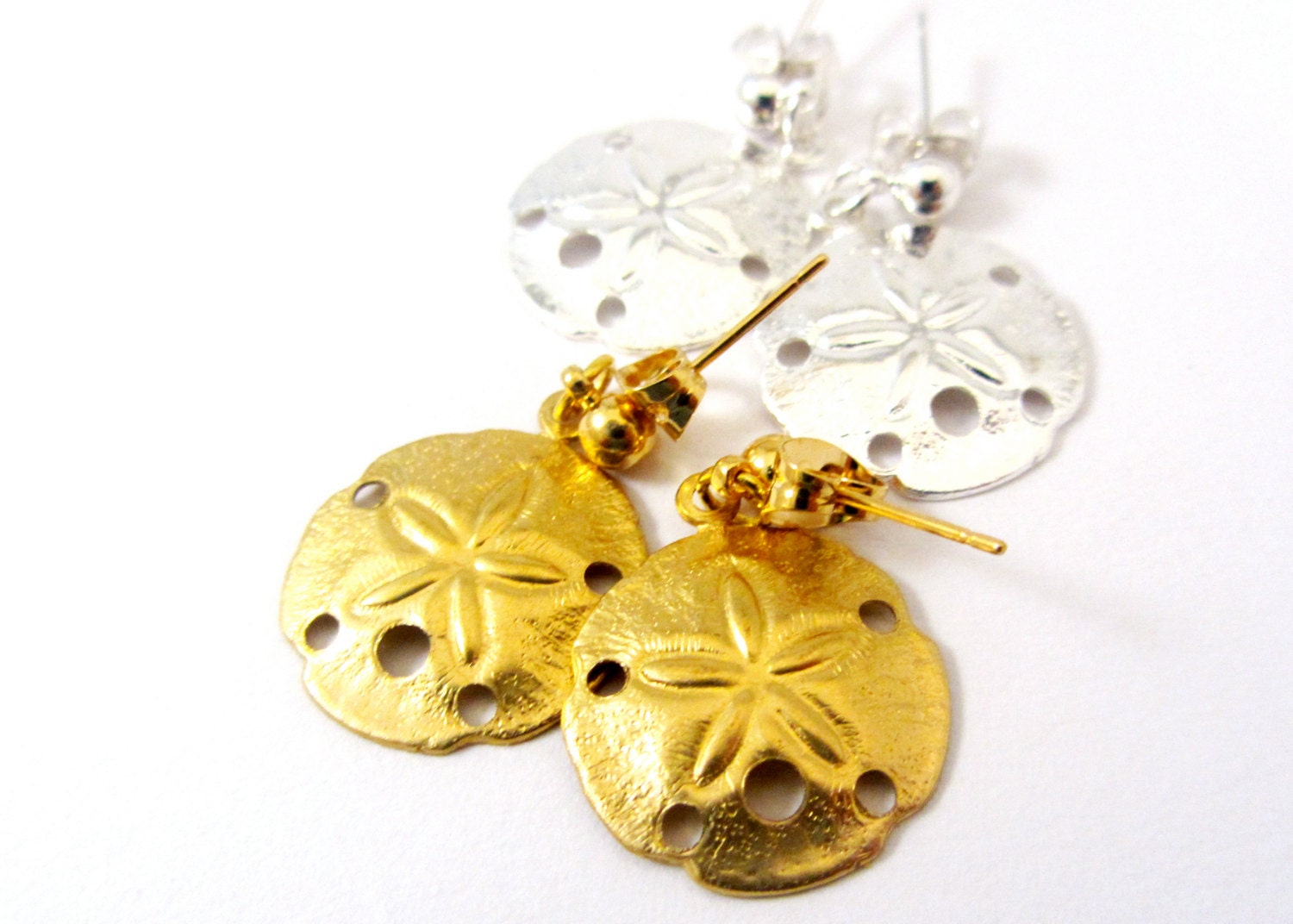 Sand Dollar Dangle Earrings, Sand Dollar Post Earrings, Pick One Silver or Gold