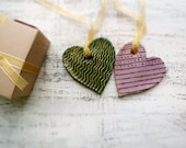 Set of 2 shabby chic heart ornaments home decor mossy green gold lilac purple black rustic home decor