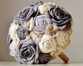 Fabric Flower Bouquet, Fabric Wedding Bouquet, Weddings, Vintage Bridal Bouquet,,  Wedding Bouquet,  Gray Roses