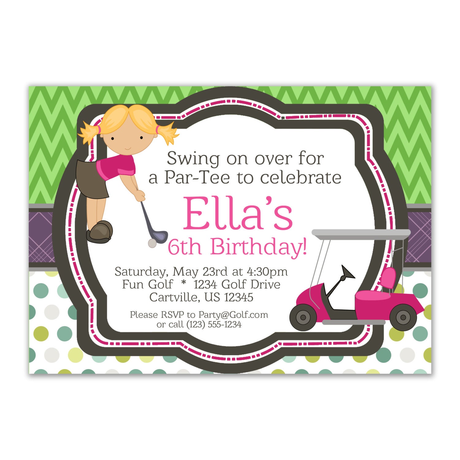 Golf Invitation - Green Chevron and Polka Dots, Pink Girl Golfer and Golf Cart Personalized Birthday Party Invite - a Digital Printable File