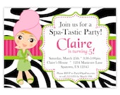 Spa Party Invitation - Lime, Hot Pink and Zebra Print, Cute Little Spa Girl Personalized Birthday Party Invite - a Digital Printable File