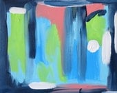 Original Abstract Painting "China Seas2" Navy, Blue, Green, White and Peachy Pink