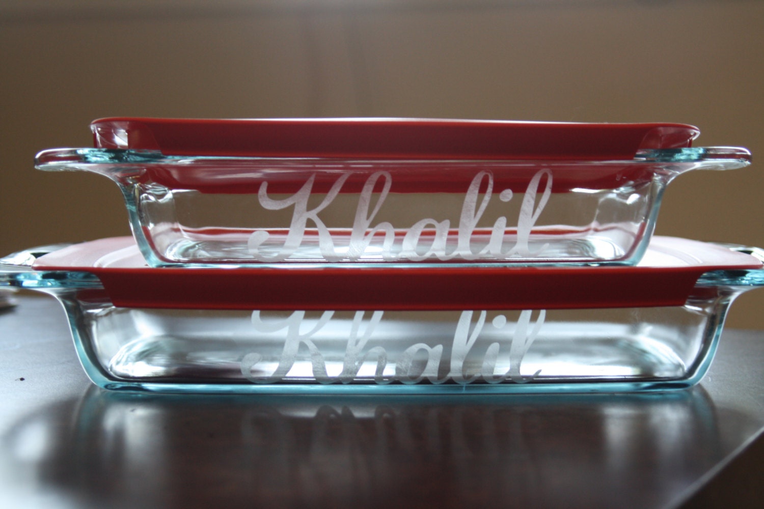 4 Pc. Personalized Bakeware Set: TWO Custom Etched Pyrex Baking Dishes with Lids (7x11 Option)