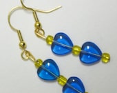 Earrings with Blue Heart Beads, Czech Glass Beadwork, Blue Bohemian Glass Handcrafted Jewelry J 111107 Graduation Gift. PROM.